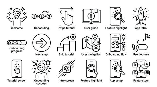 Set of 24 onboarding line icons for mobile app interface design.
