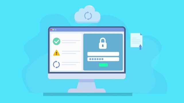 Animated screen displaying a cloud security login dashboard with lock icon and password input, representing AI authentication, data protection, and modern digital system interface.