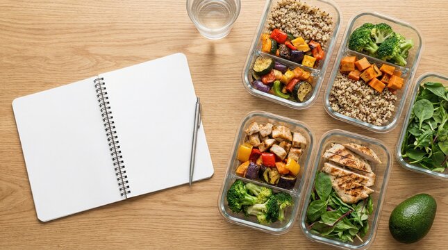 Meal prep planning with healthy food containers and empty notebook on table