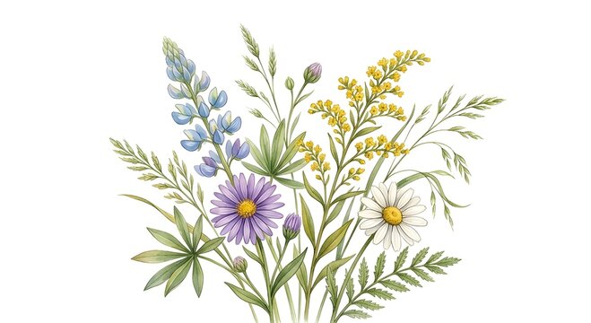 Watercolor illustration of a wild flower bouquet with blue lupine, purple aster, daisy, and goldenrod, hand-painted botanical art isolated on textured white paper background.