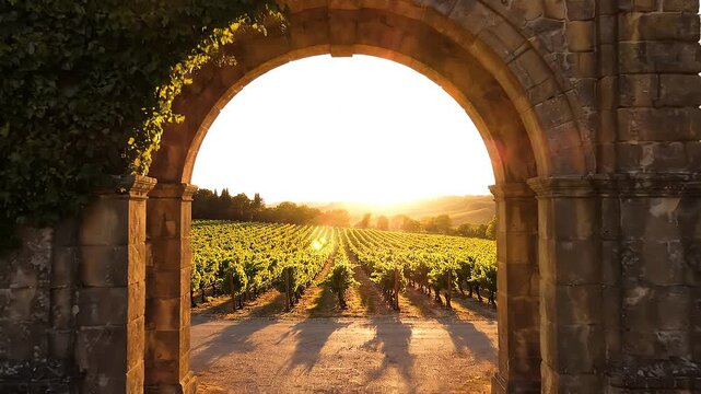 Golden hour sunset landscape with stone arch gate overlooking rows of grapevine in a vineyard with cypress trees and lens flare