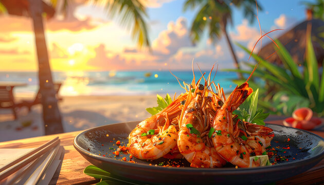 Udang bakar di pantai saat matahari terbenam