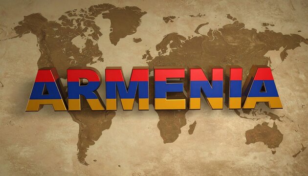 The word "ARMENIA" is displayed in 3D letters colored with the national flag's red, blue, and orange stripes. It stands before a vintage  world map on aged parchment paper background.