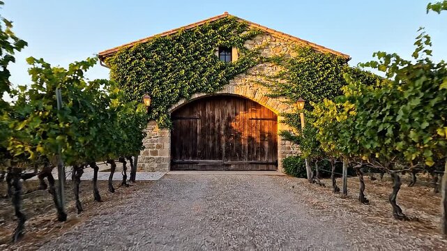 Symmetrical view of a traditional stone winery barn with wooden doors covered in green ivy at the end of a gravel path between rows of grapevines in a vineyard during sunset golden hour