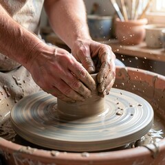 Fototapeta premium Hands Crafting Pottery on a Spinning Wheel in a Workshop