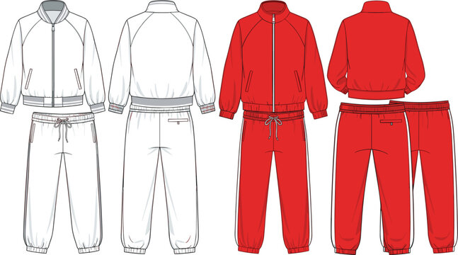 Technical fashion sketch of men sports tracksuit set including bomber jacket and joggers in red and white colors for tech pack design.