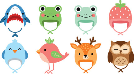 Fototapeta premium Set of cute cartoon animals including shark, frog, bird, deer and owl, colorful kids character collection isolated vector illustration design