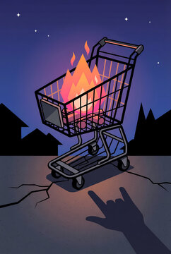 Burning Shopping Cart Cartoon Illustration &mdash; Consumerism Concept and Retail Crisis Artwork