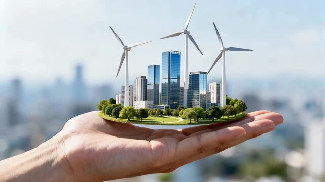 手が青空で風車のある小さな都市模型を支える