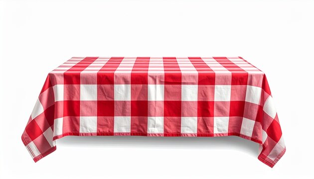 Red and white checkered tablecloth on white background, empty dining table, picnic table cover, classic gingham pattern, table linen, kitchen decor, party tablecloth