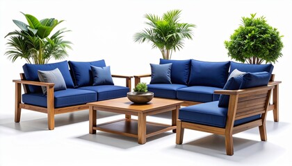 Fototapeta premium Blue fabric sofa set with wooden frame, outdoor patio furniture, green plants in background, modern garden seating, comfortable lounge set, tropical plants, outdoor living space