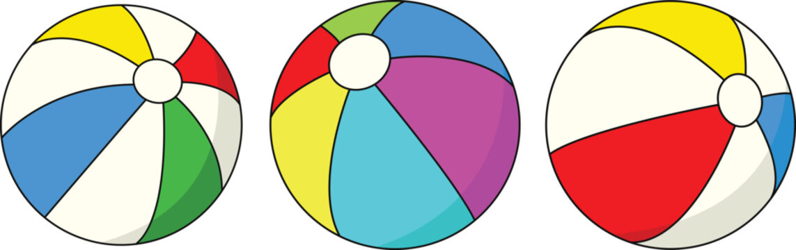 Three colorful beach ball cartoon clipart vector set. Vibrant multicolor striped inflatable balls perfect for summer, kids, pool party, vacation and tropical themed designs.