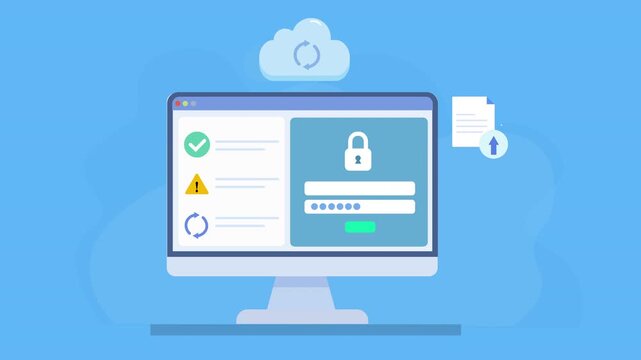 Animated screen showing secure login dashboard with lock icon, cloud storage, and password input, representing AI security, data protection, and modern digital authentication system.