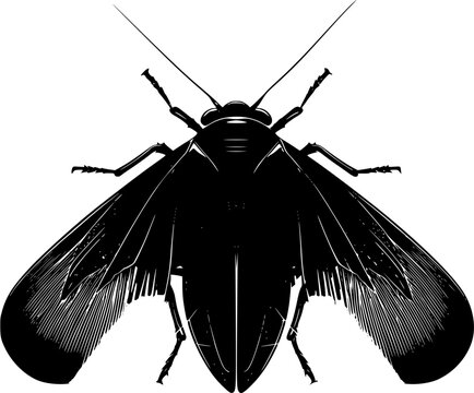 A symmetrical flatid planthopper with bold solid black wings and perfect crisp contours is depicted against a pure white background in minimalist flat vector art