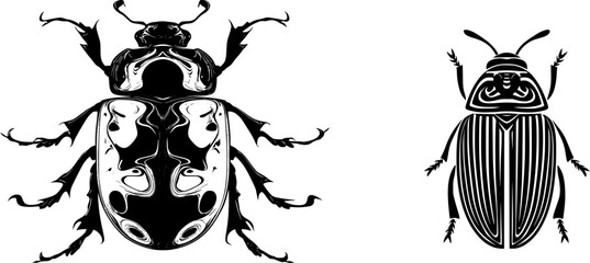 Fototapeta premium A symmetrical abstract wave pattern is stylized as a diving beetle in water, with bold solid black shapes and perfect crisp contours against a pure white background, creating minimalist flat vector