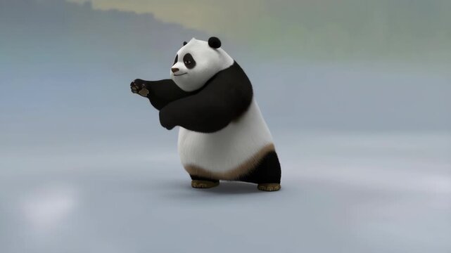 Panda cartoon character with black and white fur dancing in a funny pose with raised paws on a gray background with a gradient effect