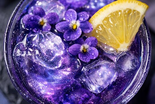 Macro shot of a sparkling purple cocktail garnished with delicate edible flowers and a thin lemon wheel, representing mixology, elegance, and summer drinks