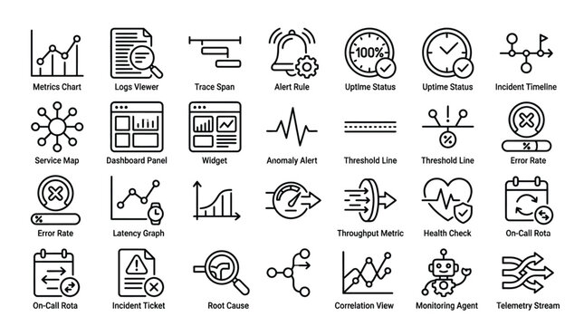 Observability and monitoring icons for system performance tracking set in black.