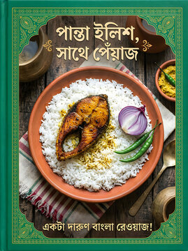 Traditional bengali panta ilish meal with fried hilsa fish, fermented rice, red onion, and green chilies served on a rustic wooden table