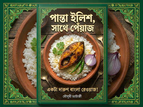 Panta ilish with onion and green chili, a traditional bengali dish served in an earthen bowl, recipe book cover