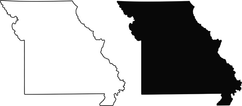 Missouri map, silhouette illustration, outline and black and white vector map of the state of Missouri showing shape and geographic boundaries for educational and design use.