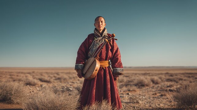 Mongolian throat singer in traditional deel in serene desert landscape
