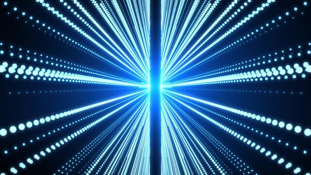 Blue radial light beams and dotted lines bursting from center, seamless loop animation of futuristic energy rays, abstract technology background motion
