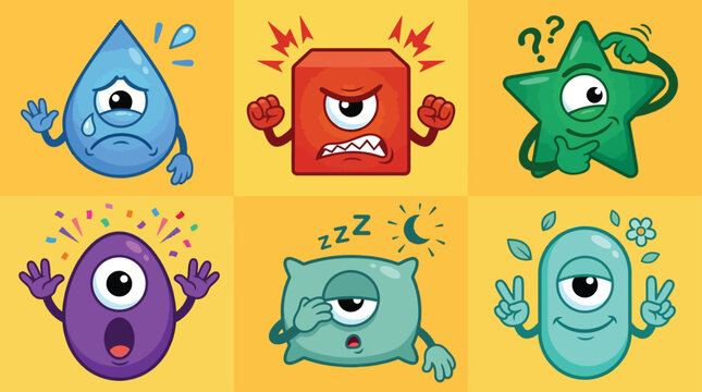 Set of cute one-eyed monster characters expressing different emotions like sadness anger surprise and happiness in flat cartoon style