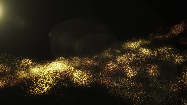 Golden particle waves flowing on dark background, seamless loop animation of sparkling sand surface, luxury abstract backdrop, elegant dynamic motion
