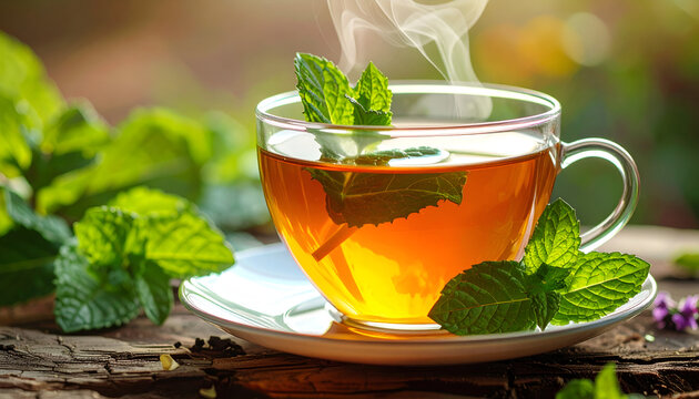 Secangkir Teh Mint di Atas Meja Kayu