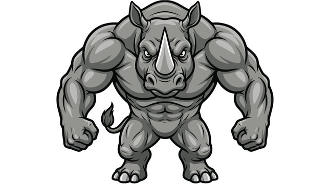 Strong Muscular Rhinoceros Mascot Character with Powerful Build and Angry Expression for Gym and Fitness Logo Branding