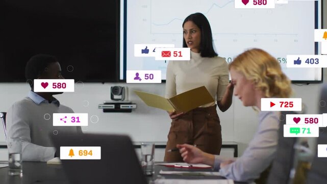 Vertical video: Presenting woman in white top with folder in meeting room, alerts appearing, fading