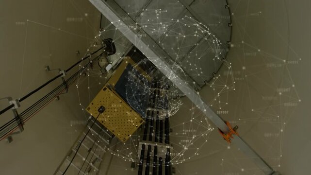 Network sphere fading in, rotating around conduit assembly and yellow box, visualizing maintenance