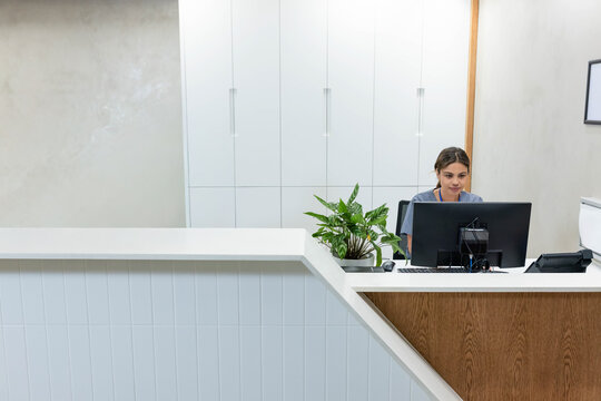 African woman receptionist in grey scrubs using monitor behind wood counter with plant, copy space