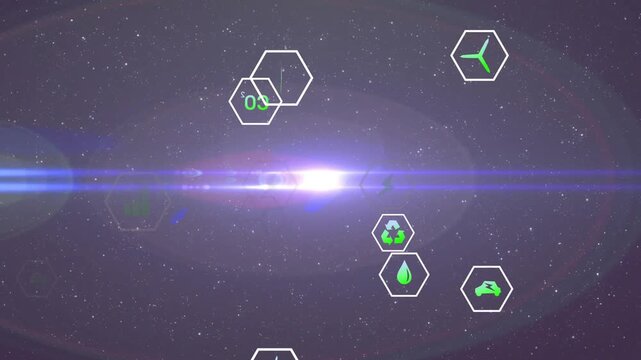 Vertical video: Pulsing flare drawing drifting hex eco icons inward over stars, with power, CO2