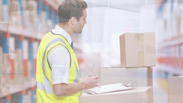 Inventory starting, warehouse worker checking boxes, writing and signing checklist verifying counts