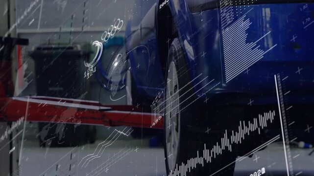 Blue car rising as red lift arm moving under wheel for service, HUD graphics sweeping bay