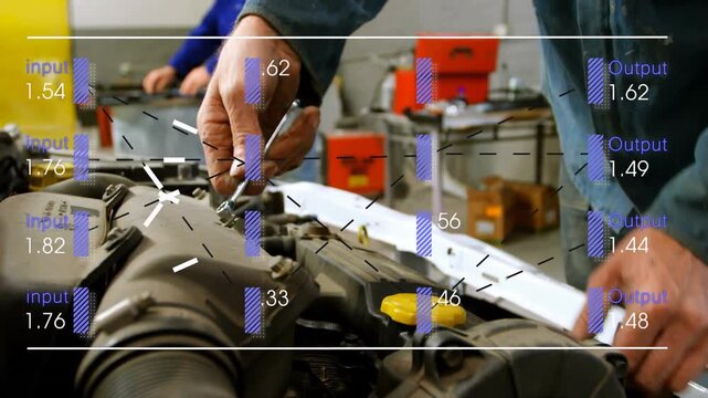 Mechanic noticing loose clamp and tightening hose for repair in auto bay, overlays annotating clamp