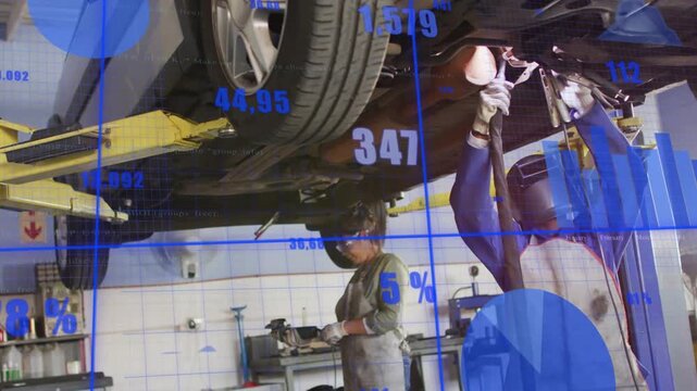 Two women mechanics working under car on hydraulic lift in garage, wearing visors, holding grinder