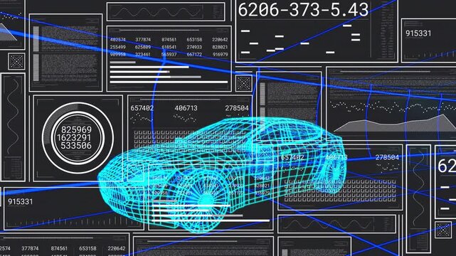 HUD running auto check, cyan wireframe car holding center while data panels and scan lines updating