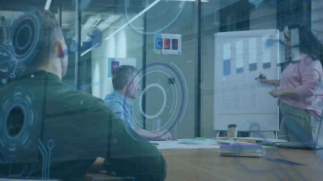 Team in office watching woman presenting bar-chart data while colleagues raising hands, copy space