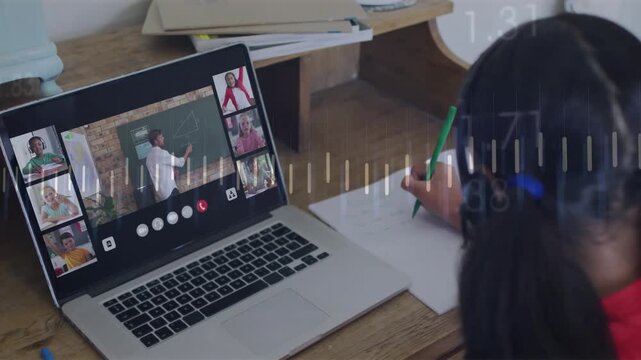 Laptop teacher gesturing, waves moving, child with headset writing with green pen following lesson