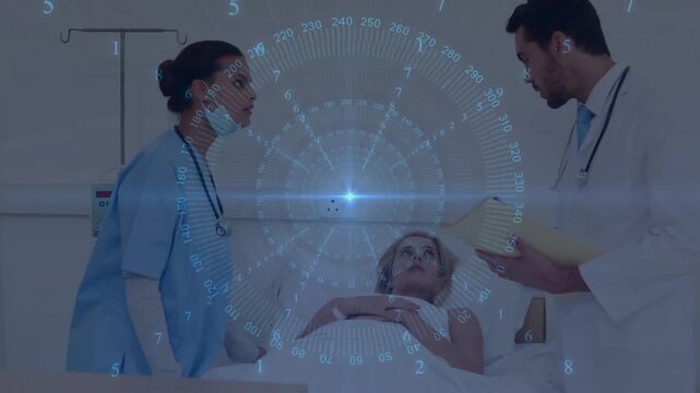 Vertical video: Entering nurse scrubs reassuring patient as doctor coat checking chart in ward, HUD