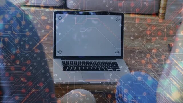 Vertical video: Showing marks on laptop, two men gesturing and sipping mug at home, overlay rising