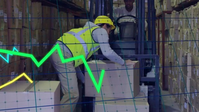 Warehouse worker reaching to lift box, stacking by forklift aligning load while charts overlaying