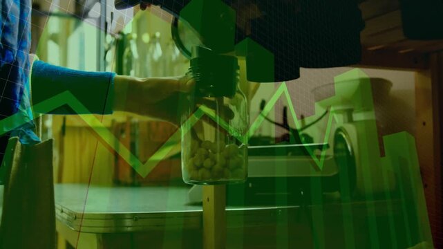 Man turning dispenser crank at kitchen bench, green overlays tracking jar filling for storage
