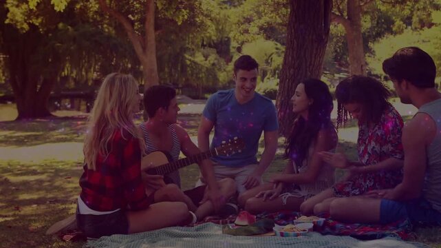 Group sitting, guitarist playing, animated music notes floating toward them, passing snacks for fun