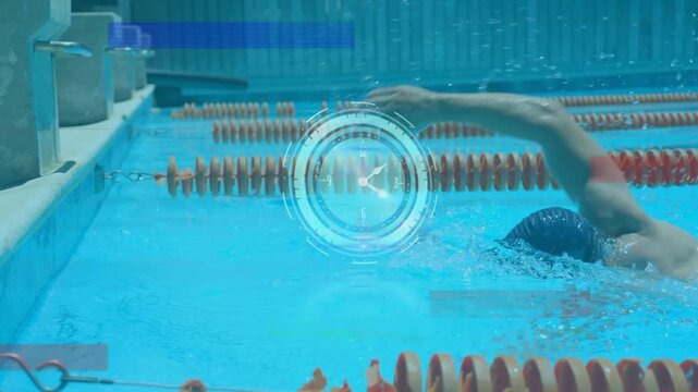 Male swimmer entering right, freestyling left, tapping wall, surfacing, HUD with bars ending lap