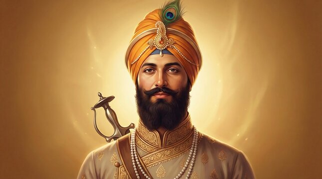 Guru Hargovind Singh portrait with traditional attire and warrior spirit background representing Sikh history culture bravery and spiritual leadership for design use