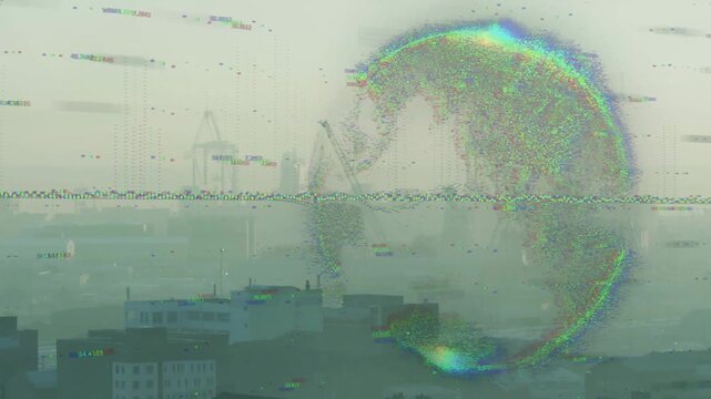 Vertical video: Appearing at right edge, orb growing then fading over hazy harbor, implying glitch